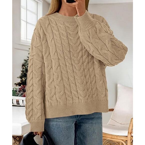 Womens Beige Cropped Chunky Cable Knit Oversized Cozy Fall Crew Neck Sweater LRG - Picture 2 of 3